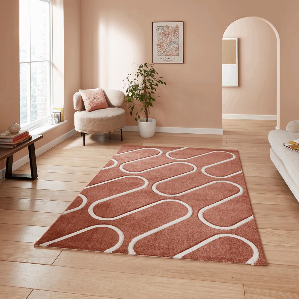 Linear Curve Modern Geometric Rugs by Catherine Lansfield in Terracotta Orange